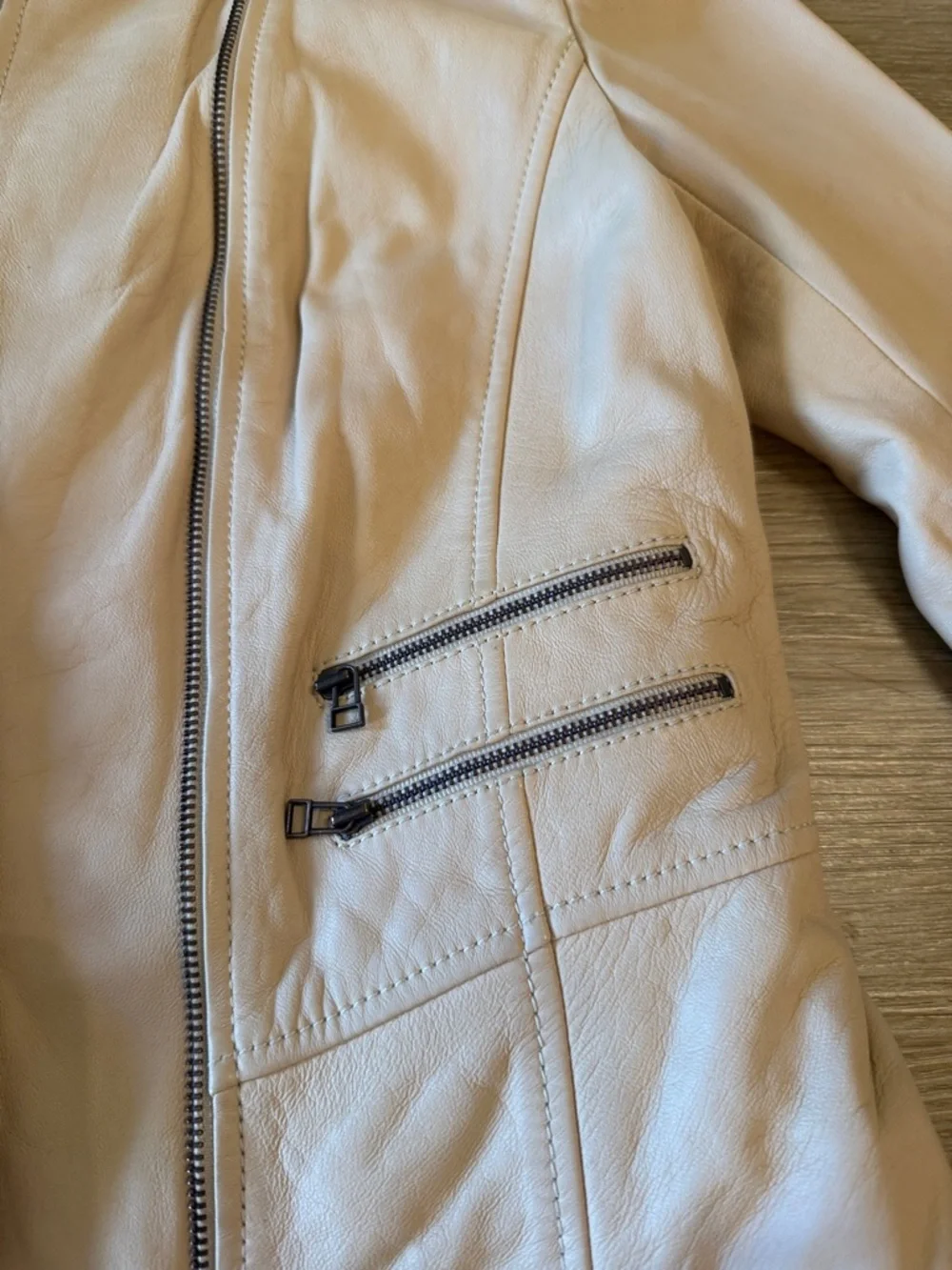 Halogen Cream Leather Moto Jacket with Asymmetrical Zip - Picture 5 of 8